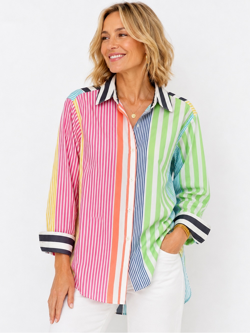 Vilagallo | Multi-Stripe Button-Up Shirt - Colorblock Stripe Sz L/46 EUC